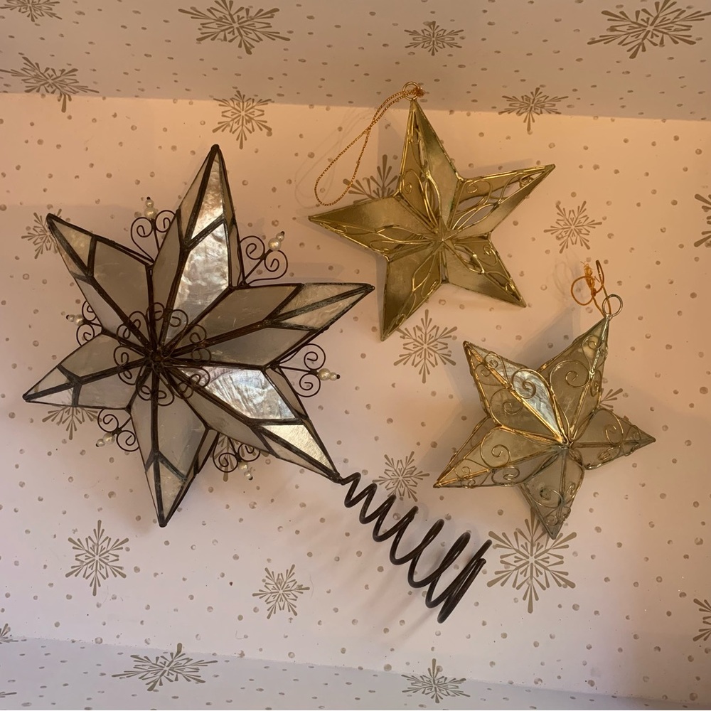 Vintage Capiz Shell Wire Scroll Star Christmas Ornaments Bundle
